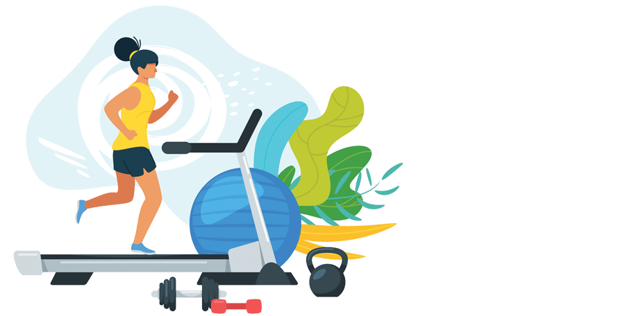 FAQ til motion og kostplan Tegning af kvinde på løbebånd - spørgsmål til motion og kostplan